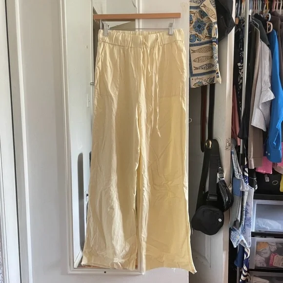 MISSLOOK Butter Yellow Cotton-Linen Wide Leg Pants - Picture 1 of 5